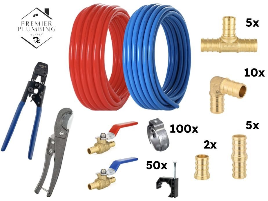 1/2" Pex-B Pipe 2x100ft Rolls (Red+Blue) Clamp Fittings Crimper Plumbing Kit