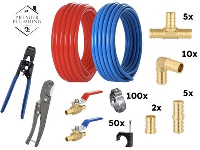 1/2'' Pex-B Pipe 2x100ft Rolls (Red+Blue) Clamp Fittings Crimper Plumbing Kit