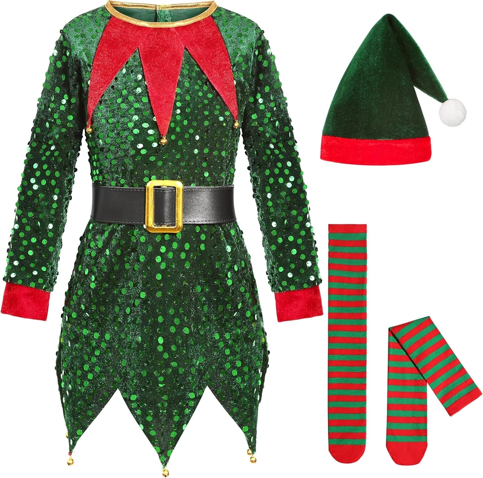 Christmas Elf Costume for Kids Santa Little Helper Costume Elf Dress Suit for Gi - Image 2 of 4