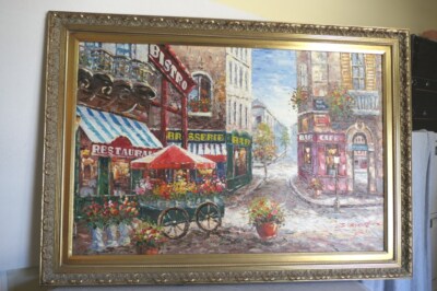 J Burnett Artist Paris France Street Scene Oil Painting on Canvas