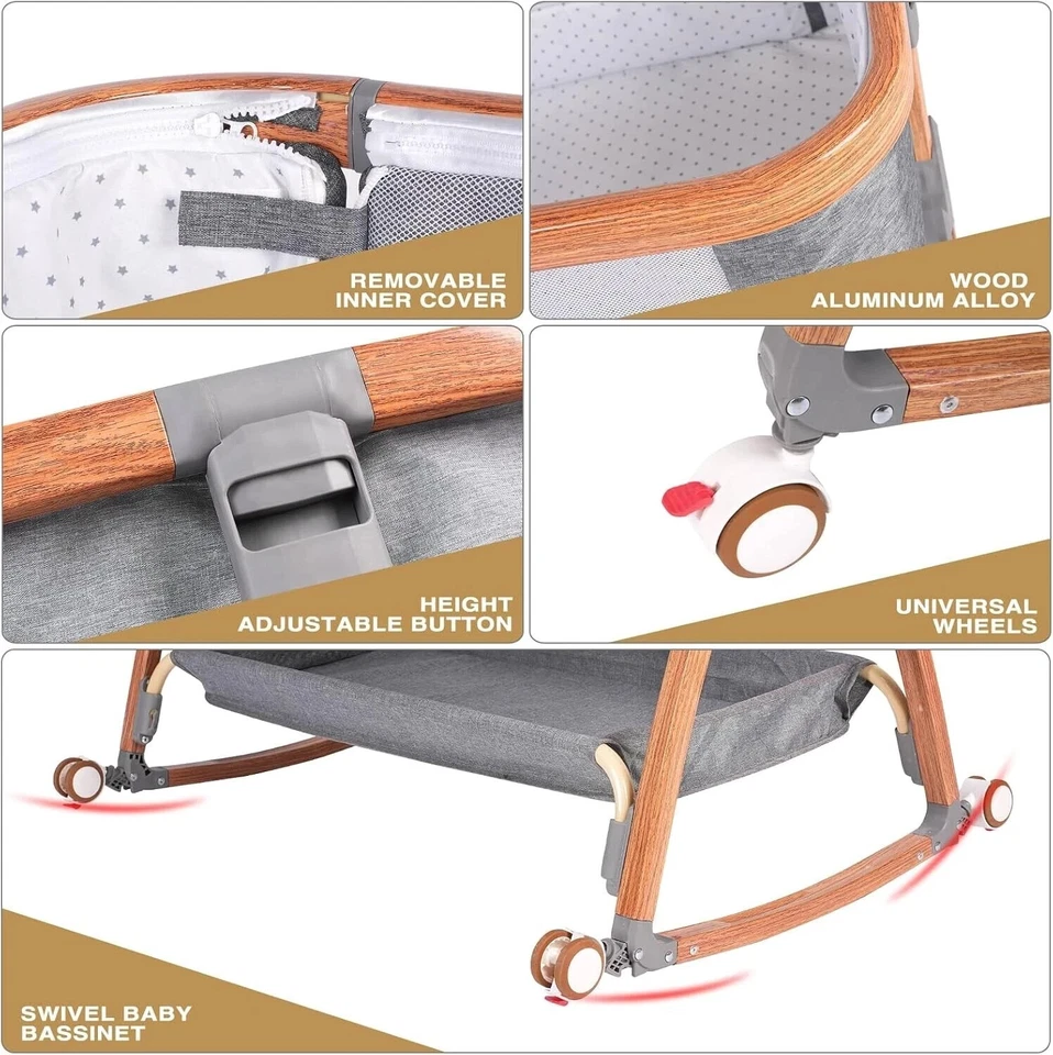 Cesta de bebé, moisés cabecera con ruedas, mosquiteros, ajustable Foto 4 de 4