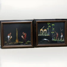 2 African Tribal Folk Art Gouache Paintings Hunters Framed Matted Signed