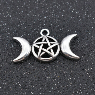 TRIPLE MOON STAR CELESTIAL PAGAN charm 22'' plated Sterling Silver 925 necklace