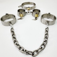 Stainless Steel Heavy Handcuff Ankle Cuffs Neck Collar Chain Shackle Constraint