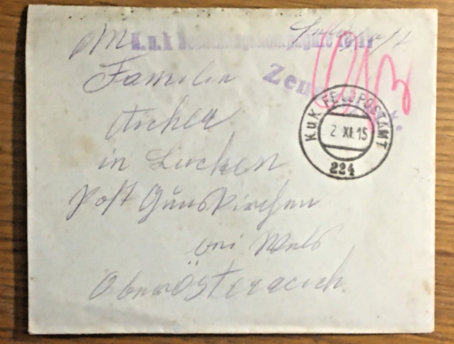 1. WK. Feldpost Brief " K.u.K. Besetzungskomp. 10 IV, Zensur, - Gunskirchen,1915 - Afbeelding 1 van 2