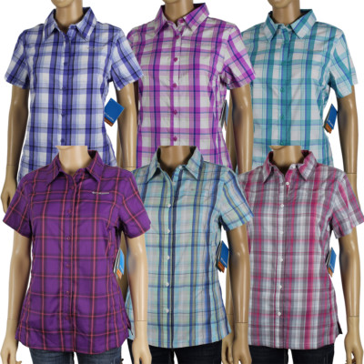 New Womens Columbia /"Meadowgate/" Plaid Omni-Shade Vented Short Sleeve Shirt