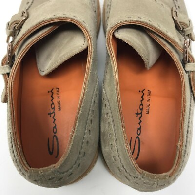 Santoni Italian Handmade Suede Double Monk Strap Buckle 