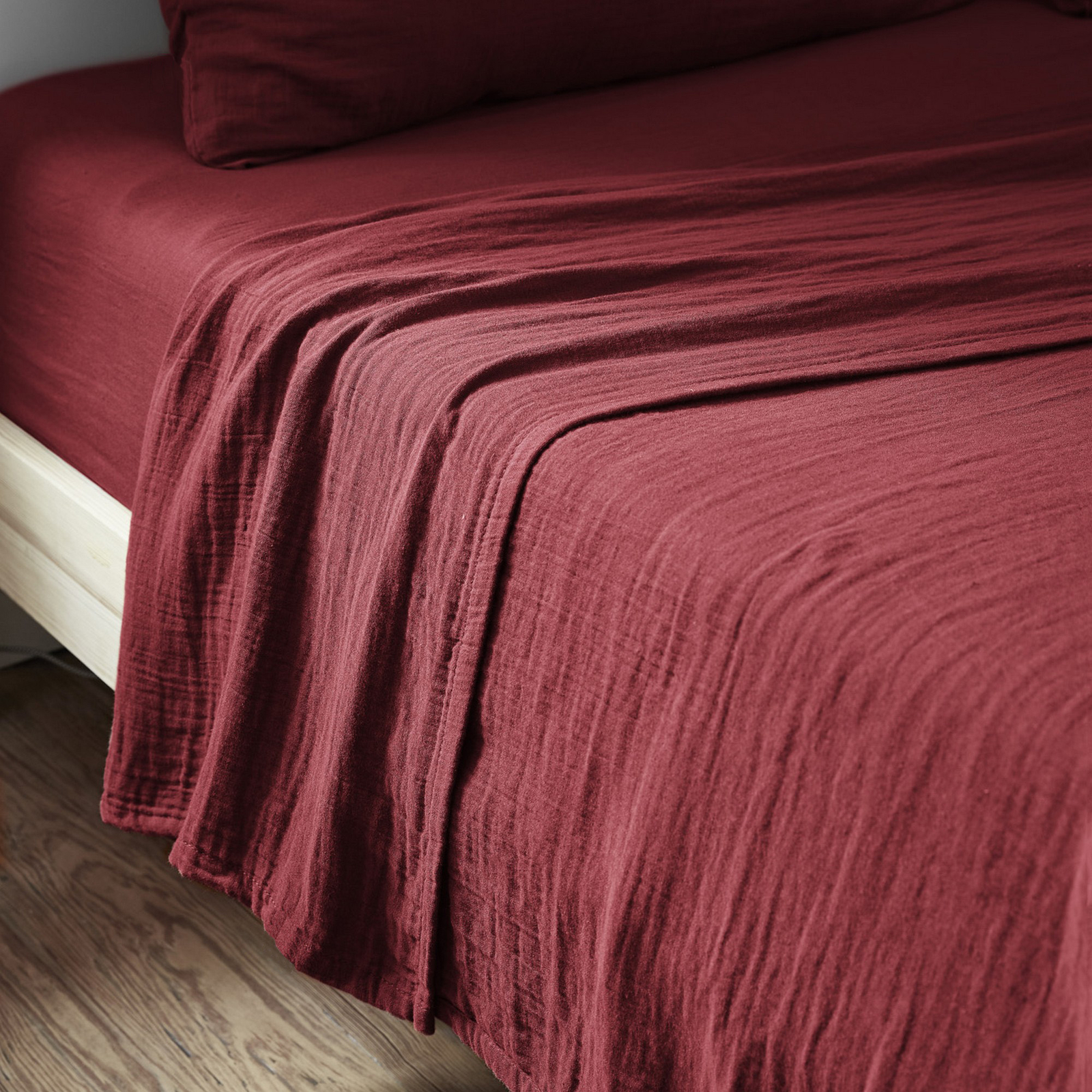 Drap plat 270x300 cm gaze de coton lie de vin, drap de lit double respirant
