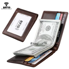 Mens Slim Leather Wallet with Money Clip RFID Blocking Bifold Credit Card Holder