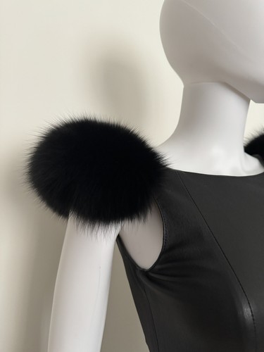 £900 Auth Thomas Wylde Superb Rare Black Lambskin Leather dress w Fur Pom Pops 8 - Picture 10 of 20