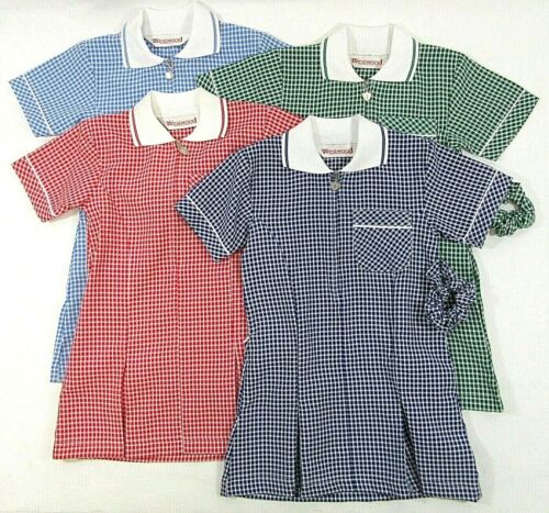 School Uniform Dress Scrunchie Gingham Check Summer Red Navy Blue Green Pink - Picture 1 of 10
