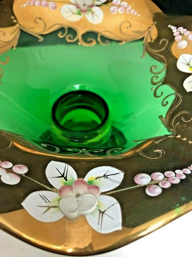 VINTAGE CANDY DISH BOHEMIA CZECH REPUBLIC 24K GOLD EMERALD GREEN ART GLASS - Picture 8 of 10