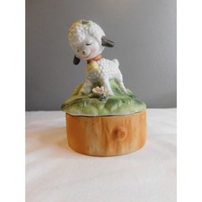 LEFTON Porcelain Lamb On A Stump Trinket Box Pre-owned