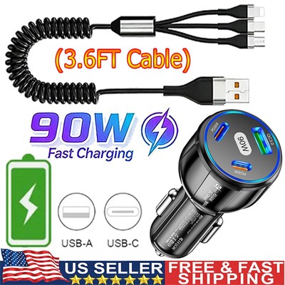 90W Super Fast Charging USB Type C Car Charger For Samsung iPhone Android Phone