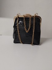 Black Crocodile Effect Faux Leather Crossbody Bag with Adjustable Chain Strap