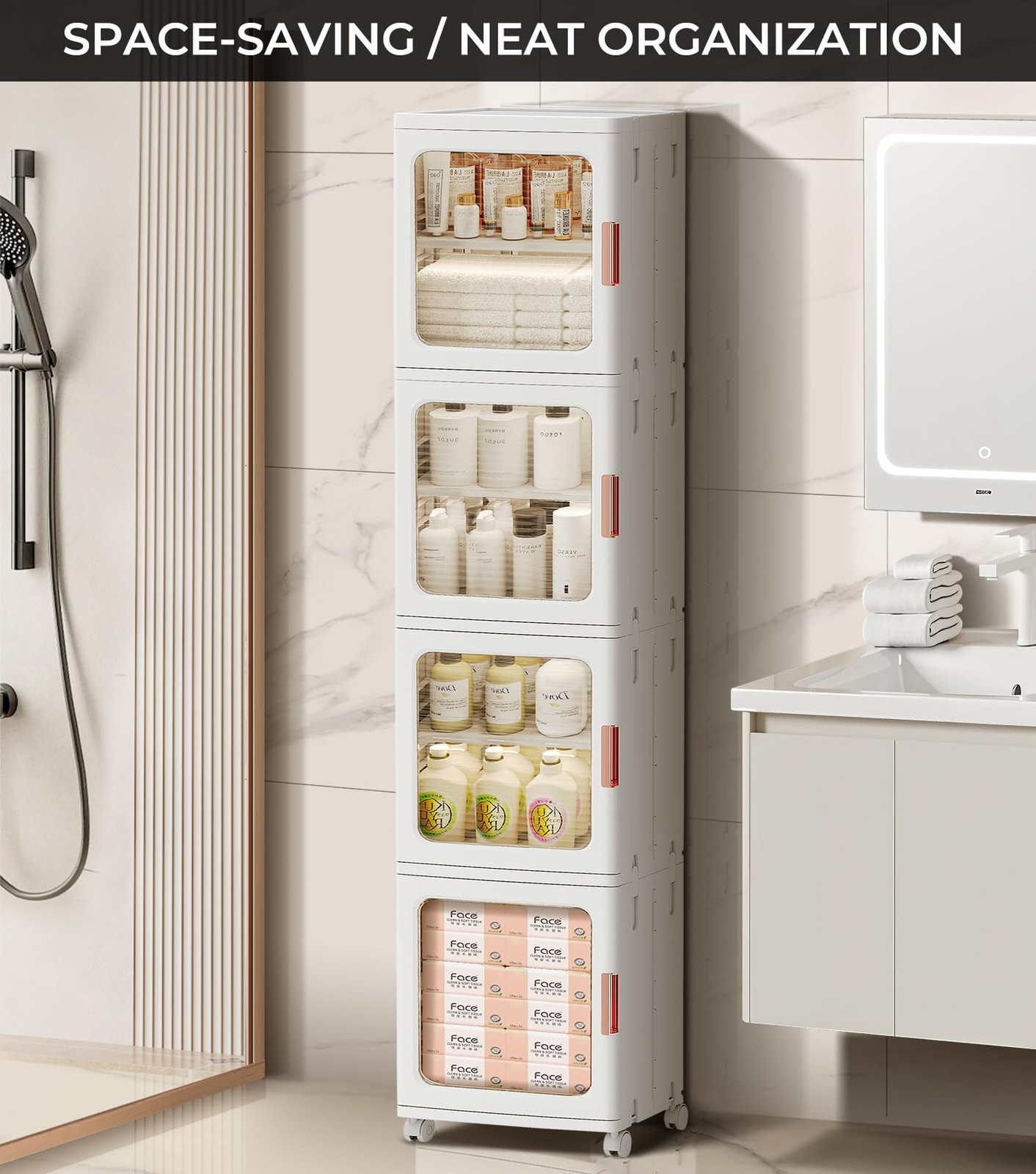 4-Tier Tall Narrow Bathroom Storage Cabinet with Doors and Adjustable Shelves...