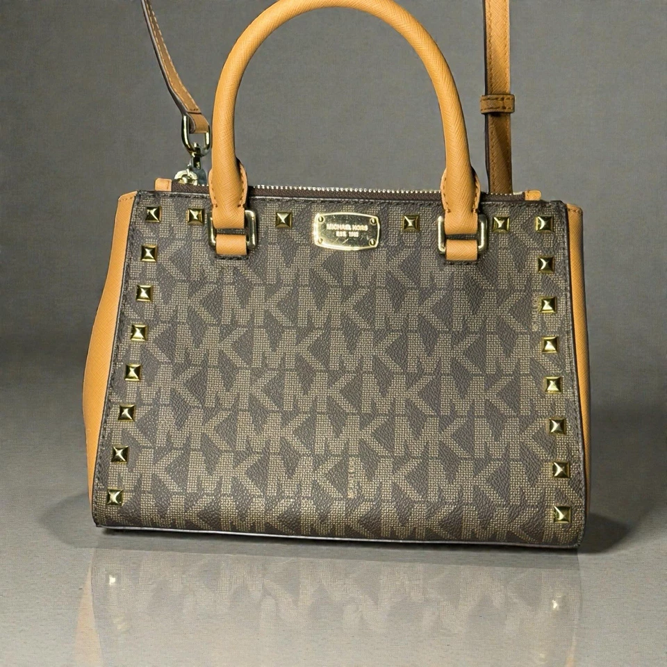 Michael Kors Kellen Stud MK Signature Brown XS Satchel Crossbody - Image 3 of 4