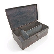 Vintage Small Metal Storage Box Rustic Workshop Caddy with Hinged Lid (Ref 083Y)