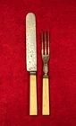 SCARCE CIVIL WAR ERA SOLDIER'S BONE HANDLE KNIFE & FORK / MAKER MARK