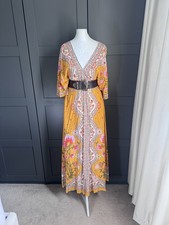 Farm Rio Yellow white patterned maxi floaty summer dress M 10