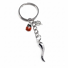 Portachiavi portafortuna Coccinella Rossa Cornetto corno Quadrifoglio Verde Arg