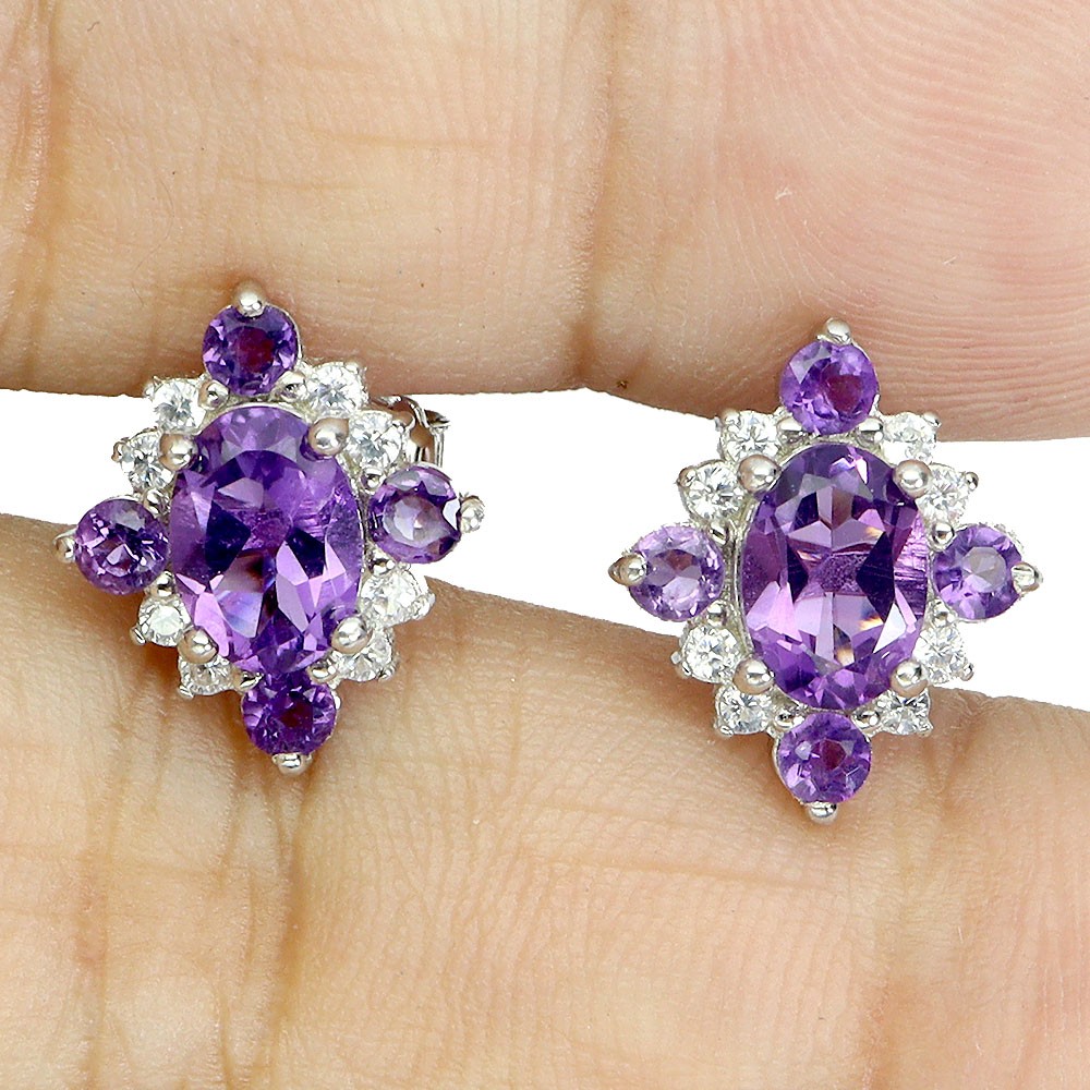 925 Sterling Silver Earrings Oval Amethyst 7x5mm Natural Gemstone Jewelry
