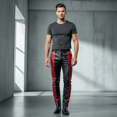 Pantalon de style jean en cuir noir pour homme | Pantalon rayé en cuir de mou... - Photo 1/4
