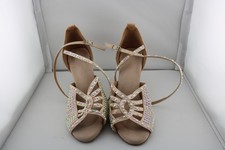 Women's Nude Satin Rhinestone Latin Dance Shoes Ballroom Salsa Strappy Heels