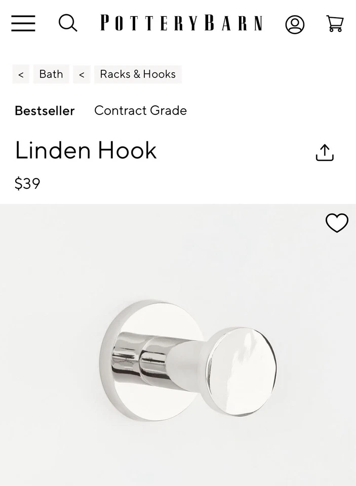 New Pottery Barn Linden Wall Hook -  Polished Nickel - Contract Grade - Image 2 of 4