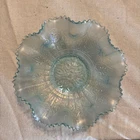 Vintage Teal Carnival Glass Bowl, Floral Hearts, Ruffled Edge, 9 Inch Diameter