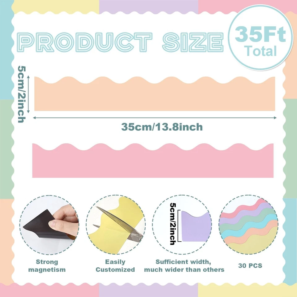 30 Pcs Wavy Pastel Magnetic Bulletin Board Borders 35 Ft Reusable Magnetic Bu... - Image 2 of 4