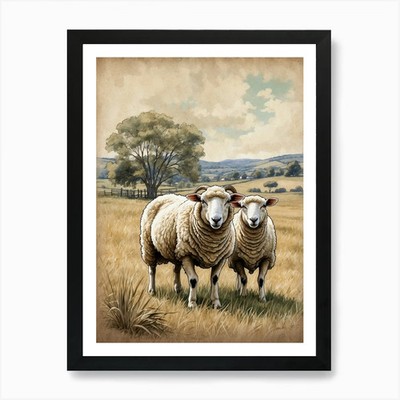 Two Sheep In A Field 1 Art Print Framed Wall Art Poster Canvas Print Picture