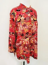 CITRON Santa Monica SILK Damask Asian Style BLOUSE Top Colorful Japanese Print L