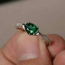 Solitaire Oval Cut Emerald & Lab Created Diamond 14K White Gold FN Promise Ring