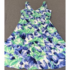 Lauren Ralph Lauren Blue Green Floral Watercolor Fit Flare Dress 14 Cotton Blend
