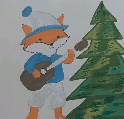 Whimsical ORIGINAL Painting Impressionism 6x8 Cute Animals  Fox Music ART