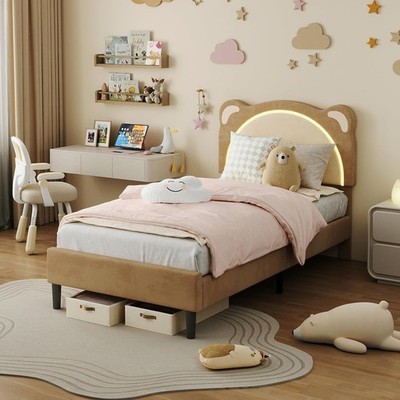 Kids Upholstered Platform Bed Frame with Adjustable Headboard & Led Light