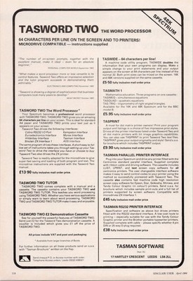 Tasword Two Print Ad Sinclair ZX Spectrum 48K Vintage 1984 Software