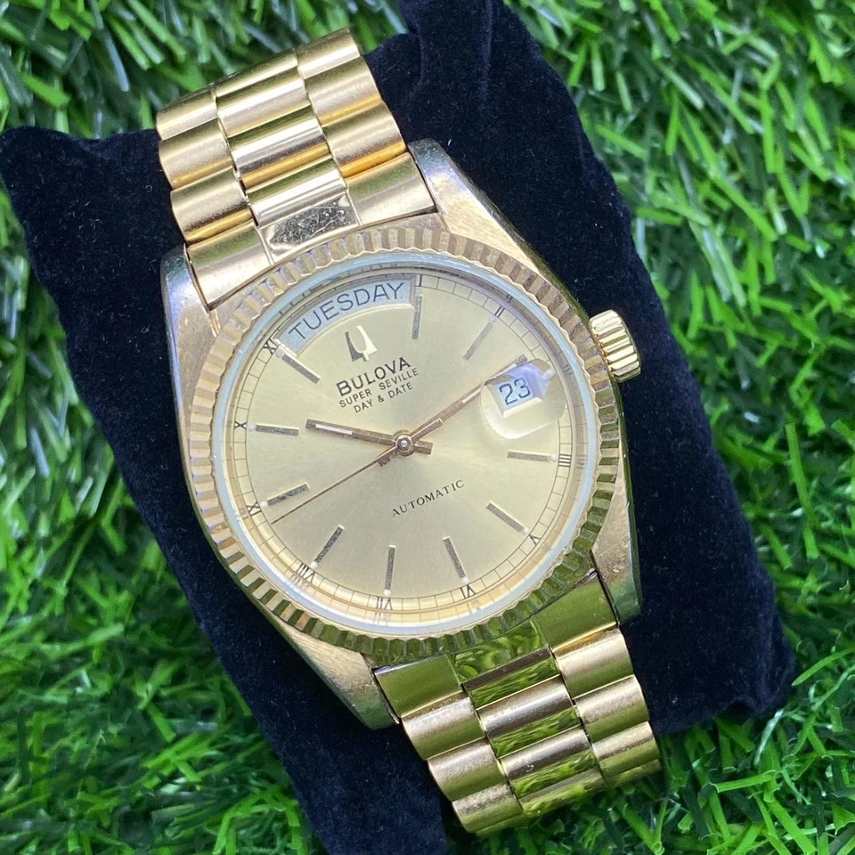 Rare Bulova President Super Seville Day Date Automatic Gold 90s Watch Swiss Men - Image 3 of 4