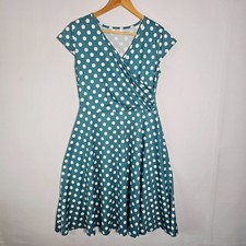 Haute Edition Women's Teal Polka Dot Skater Dress Faux Wrap V-Neck Coquette Y2K