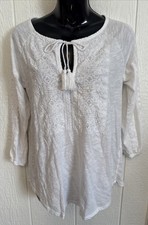 Lucky Brand White Peasant Blouse Top Small Embroidered 3/4 Sleeve Boho Tassels