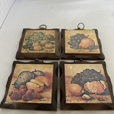Vtg Homco Frutal Wood Pictures Set Of 4 Wall Hangers 5 By 5 Taiwan