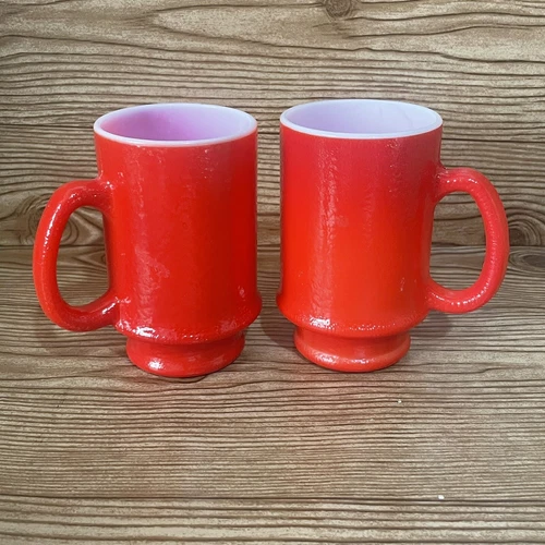 VTG Red Colored Milk Glass Mugs w/ Orange Peel Texture Retro Coffee Tea Cup MCM