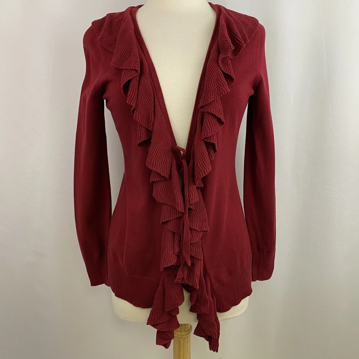 Van Heusen Womens XS XSmall Red Sweater Knit Open Front Ruffle
