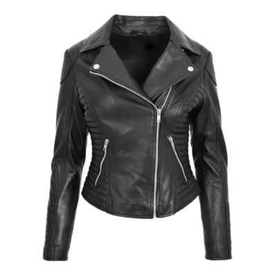 Womens soft Black leather smart casual biker fashion short jacket size 2XL/18