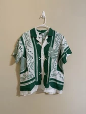 Bode Prairie Willow Button Up Shirt Linen Green White Medium Large