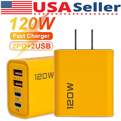 120W 4-Port USB C Fast Wall Charger Block For All Cell Phone iPad US Plug