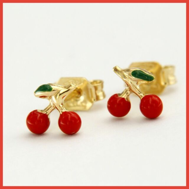 18k Yellow GOLD Enamel Cherry Fruit Children Baby Girl Small Stud Earrings Italy