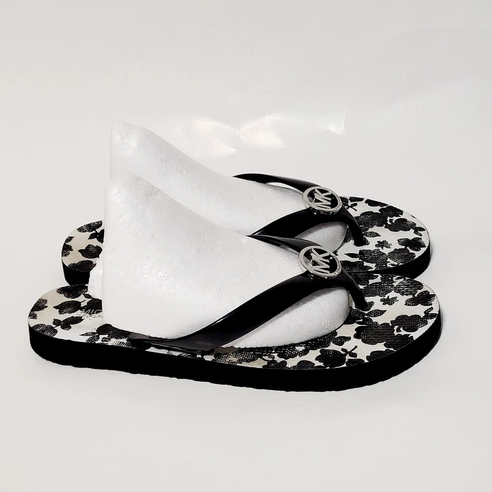 MICHAEL KORS Flip Flop Black White Floral Jet Set Silver Logo Medallion Wms 6M - Image 4 of 4