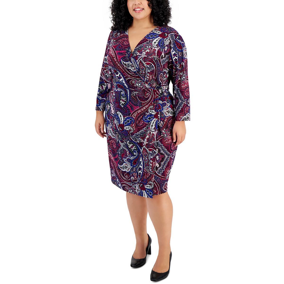 Женское фиолетовое платье миди с запахом и принтом Kasper Womens Plus 1X BHFO 9041